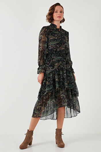 Lela Regular Fit Yaka Detaylı Volanlı Şifon Midi Elbise  ELBİSE 611EL1448