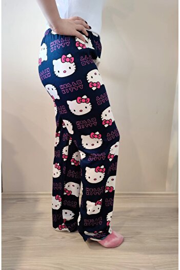 enmodaiçgiyim Navy Blue Patterned Suede Women's Pajama Bottoms