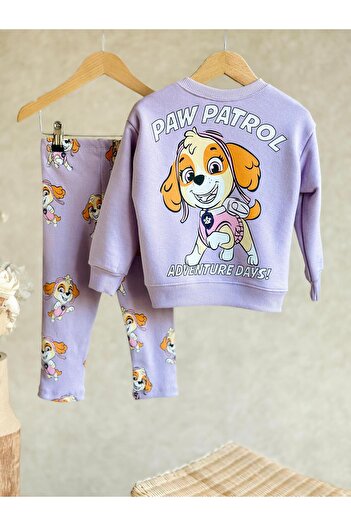 Magu Girl's Paw Petrol Patterned Winter 3 Thread Cotton Sweatshirt Tights Top and Bottom Set