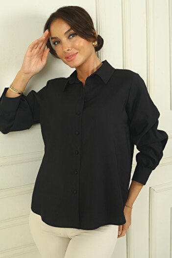 By Saygı Women's Buttoned Front Sleeves Gathered Long Sleeve Shirt