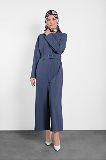 Alvina 40216 Model Pearl Belt and Zipper Jumpsuit