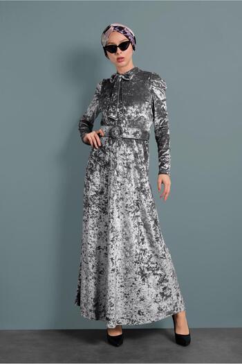 Alvina Lace-Up Collar Velvet Dress 40380