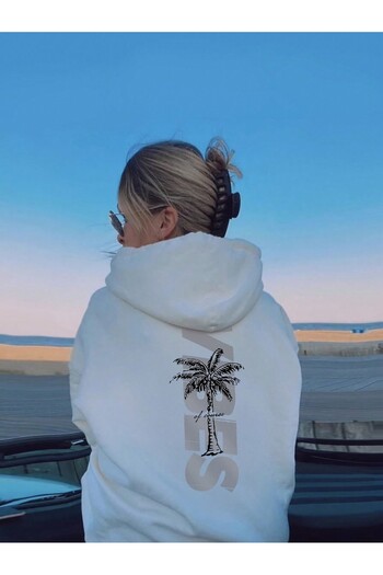 PENTHİLUS Vipes Palm Tree Patterned - Hooded White Oversize φούτερ