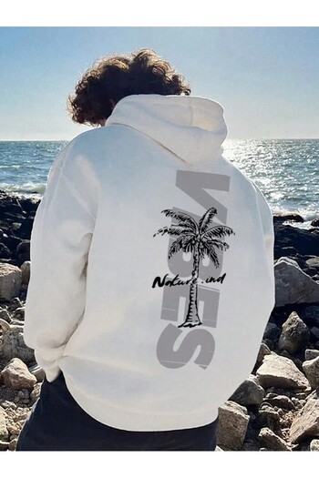 PENTHİLUS Λευκό φούτερ με κουκούλα Oversize - Vipes Palm Tree Printed