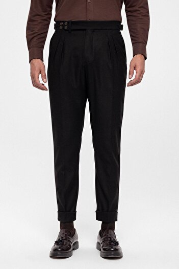 Antioch Black Wool Look High Waist Pleated Men's Trousers