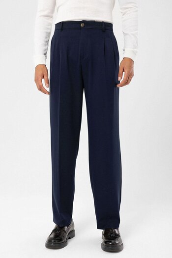 Antioch Dark Navy Blue High Waist Pleated Comfortable Fit Men's Trousers
