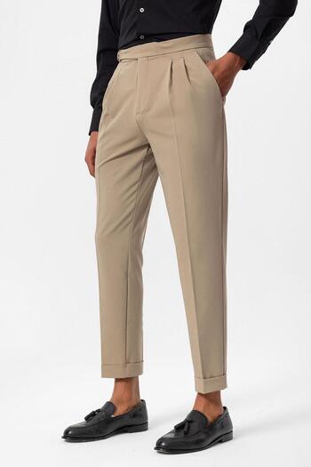 Antioch Beige High Waist Buckle Closure Pleated Men's Trousers