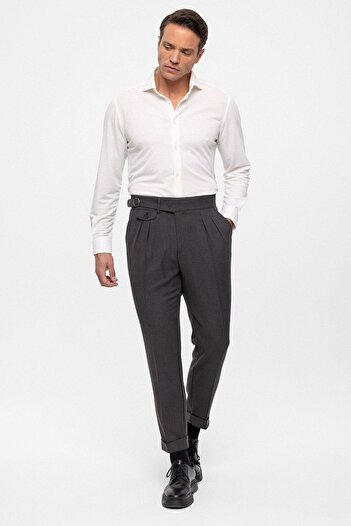Antioch Anthracite High Waist (Boyfriend) Pleated Fabric Trousers with Buckle Belt