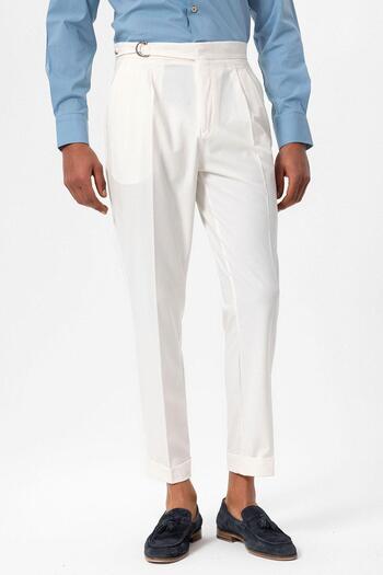 Antioch Ecru High Waist Buckle Closure Pleated Men's Trousers