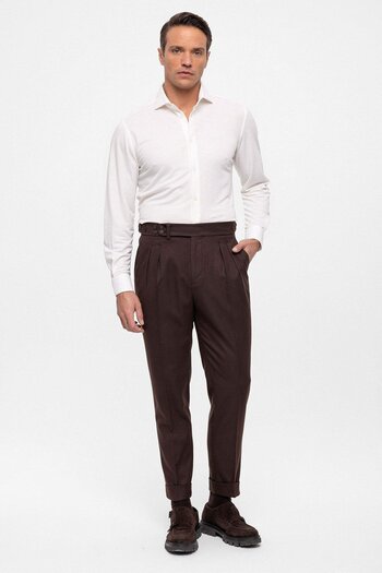 Antioch Brown Wool Look High Waist Pleated Men's Trousers