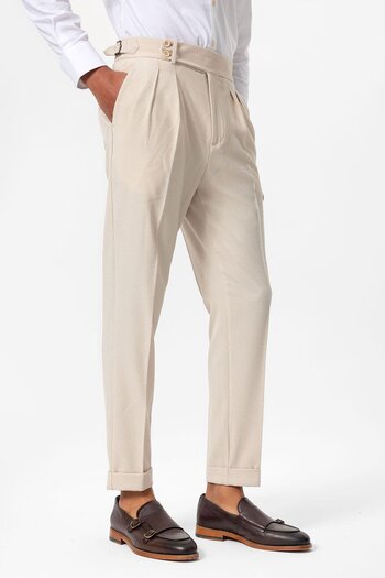 Antioch Beige High Waist Pleated Textured Men's Trousers