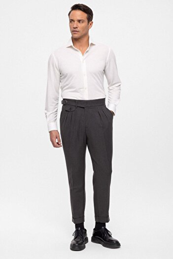 Antioch Anthracite High Waist (Boyfriend) Pleated Fabric Trousers with Buckle Belt