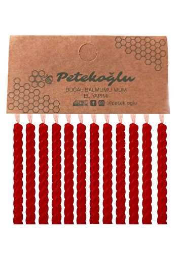 Petekoğlu (12 Adet Kırmızı) Balmumu Mum Doğal Petek Pasta Parti Mumu Kutlama Nişan Kına Gecesi Beeswax Candle