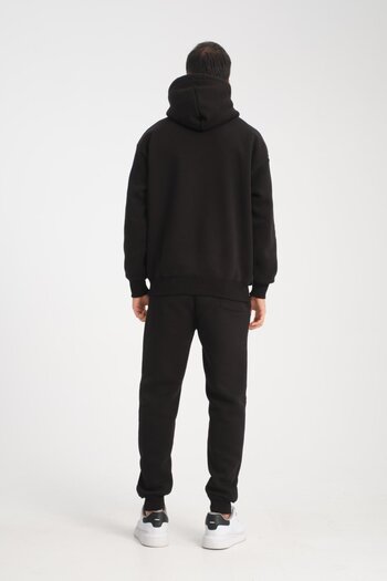 Valiberta Oversize Puf Baskılı Erkek CozyFit Şardonlu Eşofman Takımı - Siyah