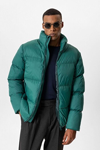 Antioch Green Stand Collar Rubber Puffer Jacket