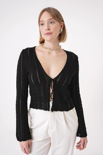 CHUBA Women's V-Neck Openwork Patterned Rope Tied Front Standard Fit Knitwear Cardigan Black 25W3008