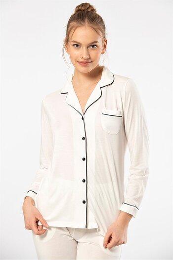 TÜREN 3365 Ecru Women's Plain Long Sleeve Shirt Collar Pajama Set