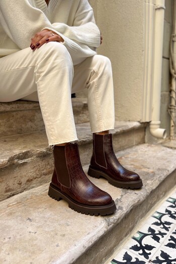 NİŞANTAŞI SHOES Lennon Brown Patterned - Дамски ботуши от естествена кожа, гумени детайли и дебела подметка