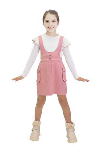 Minigimin Cicileri My Little One's Gabardine Girl's Side Pocket Overalls 2-Piece Set - Pink