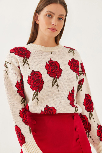 Bianco Lucci Women's Crew Neck Rose Patterned Knitwear Sweater 20246257