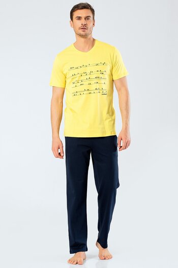 Cacharel 2203 Yellow Men's Printed V-Neck Trousers Pajama Set
