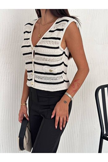 Noa Noa Gold Button Detailed Striped Jumpers