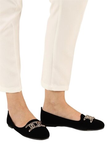 Liger Casual Women's Home Shoes - Suede Buckle, Black Ballerinas, Gold Model