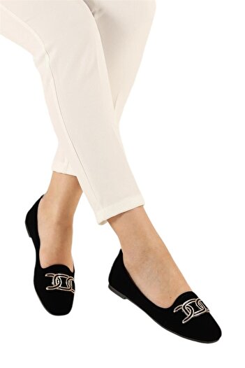 Liger Casual Women's Home Shoes - Suede Buckle, Black Ballerinas, Gold Model