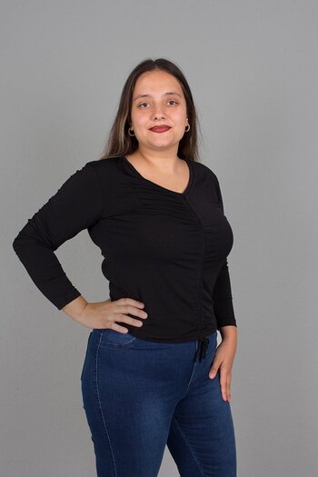 Truva XXL Plus Size Front Gathered Micro Fabric Blouse Black
