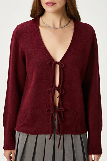 Ritnice Women's Tena Lace-Up Claret Red Knitwear Cardigan
