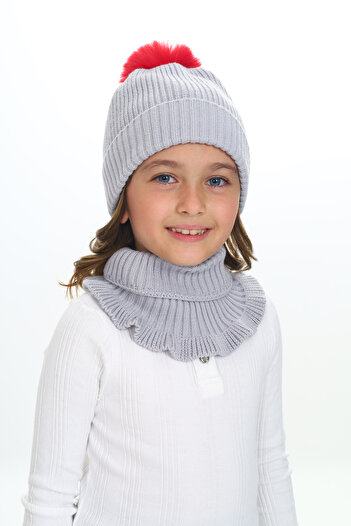 Sevimli Girl's Beret Neck Collar Suit Thessaloniki Braided 4-10 Years Old Single Pompom