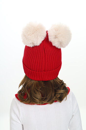 Sevimli Girl's Beret Neck Collar Suit with Double Pompom 4-10 Years Old