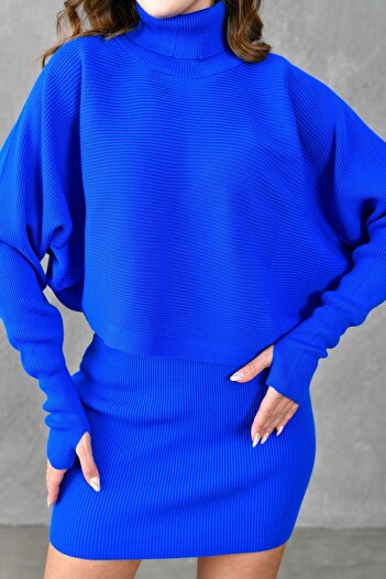 bayansepeti Saks Blue Turtleneck Sweater and High Waist Knitwear Skirt Set - 075