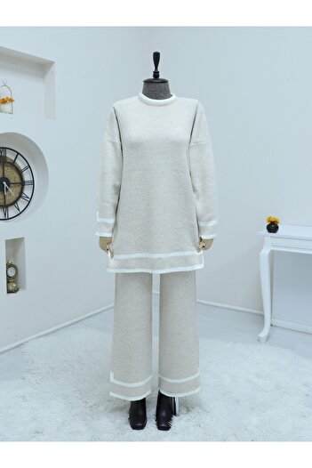 Modamorfo Stone Color Stripe Detailed Double Knitwear Set