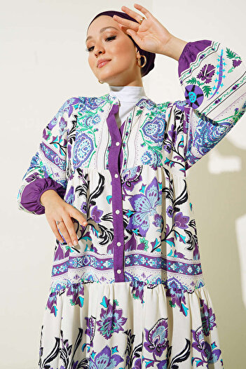 Bigdart 2423 Authentic Patterned Hijab Dress - Lilac