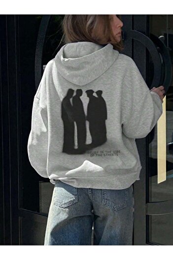 Mythologie Shadow Silhouettes Sweatshirt - Gray Printed Oversized Hooded Hoodie