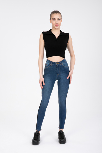 SHEVEGA Blugi skinny din lycra albastru cu picior subțire și pietre laterale