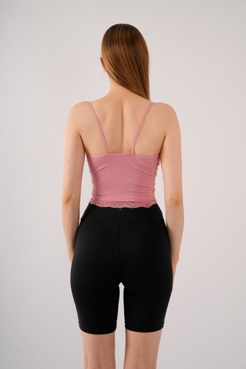 Fanwet Kadın Pembe Crop Askılı Dantelli Çıkarılabilir Pedli Büstiyer Bluz