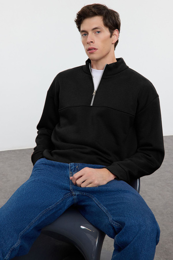 Trendyol Collection Μαύρο φλις/Ζεστό φούτερ με φερμουάρ Oversize - Stand Collar TMNAW25SW00031