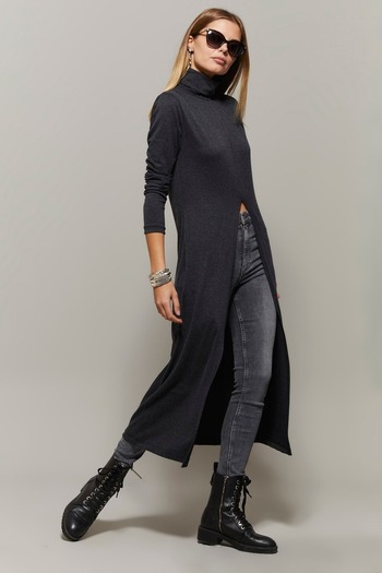 Cool & Modest Anthrazitfarbene Rollkragen-Tunika mit langem Schlitz MEY1150