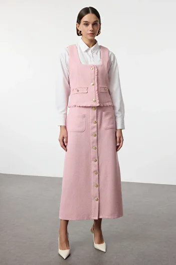 Trendyol Modest Σετ γιλέκο και φούστα ροζ τουίντ - TCTSS24US00013