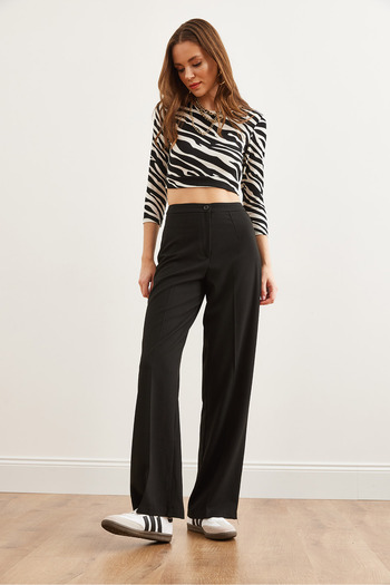 Olalook Black Polyviscose Palazzo Trousers - Single Button, Pnt- 19000296