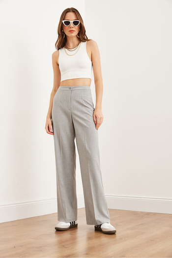 Olalook Women's Light Gray Single Button Polyviscose Palazzo Trousers Pnt- 19000296