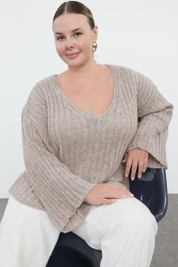 Trendyol Curve Stone V-Neck Ribbed Knitwear Sweater Tbbaw25An00023