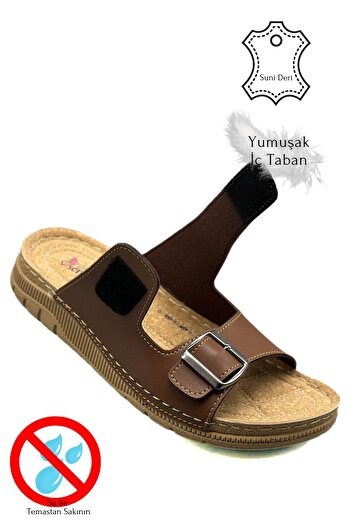 Moda Anna Ανδρικές παντόφλες με διπλή ταινία με Velcro και πόρπη ελαφριά σόλα από συνθετικό δέρμα 521/5 Tan