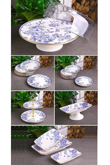 Pinkev 19 Piece Ceramic Cake Serving Plate Set for 6 People with Dome - Blue