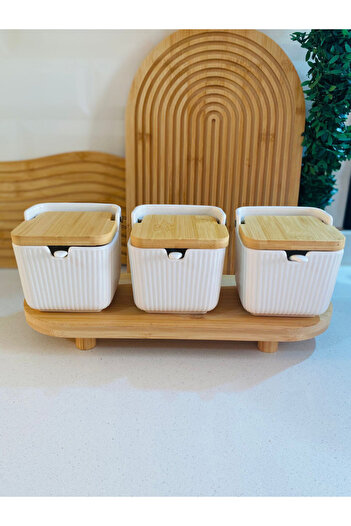 morponi 300 Ml Capacity Porcelain Pepper Shakers with Bamboo Stand and Lid - Salt Shaker and Spoon Set of 3
