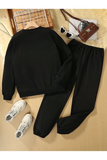 Mythologie Multiple Heart Sweatshirt Sweatpants Jogger - Black Printed Sweatpants Set Crew Neck