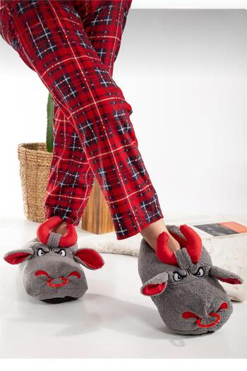 Liger Παντόφλες Unisex Γκρι-Κόκκινες με Σχήμα Αντιολισθητική Σόλα για το Σπίτι - Χωρίς Ήχο
