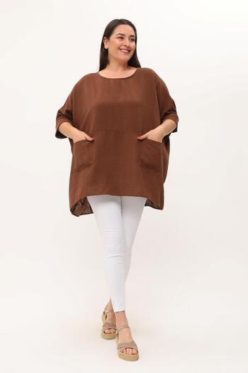 Ebsumu Brown Linen Blouse - Extra Comfortable Plus Size Fit